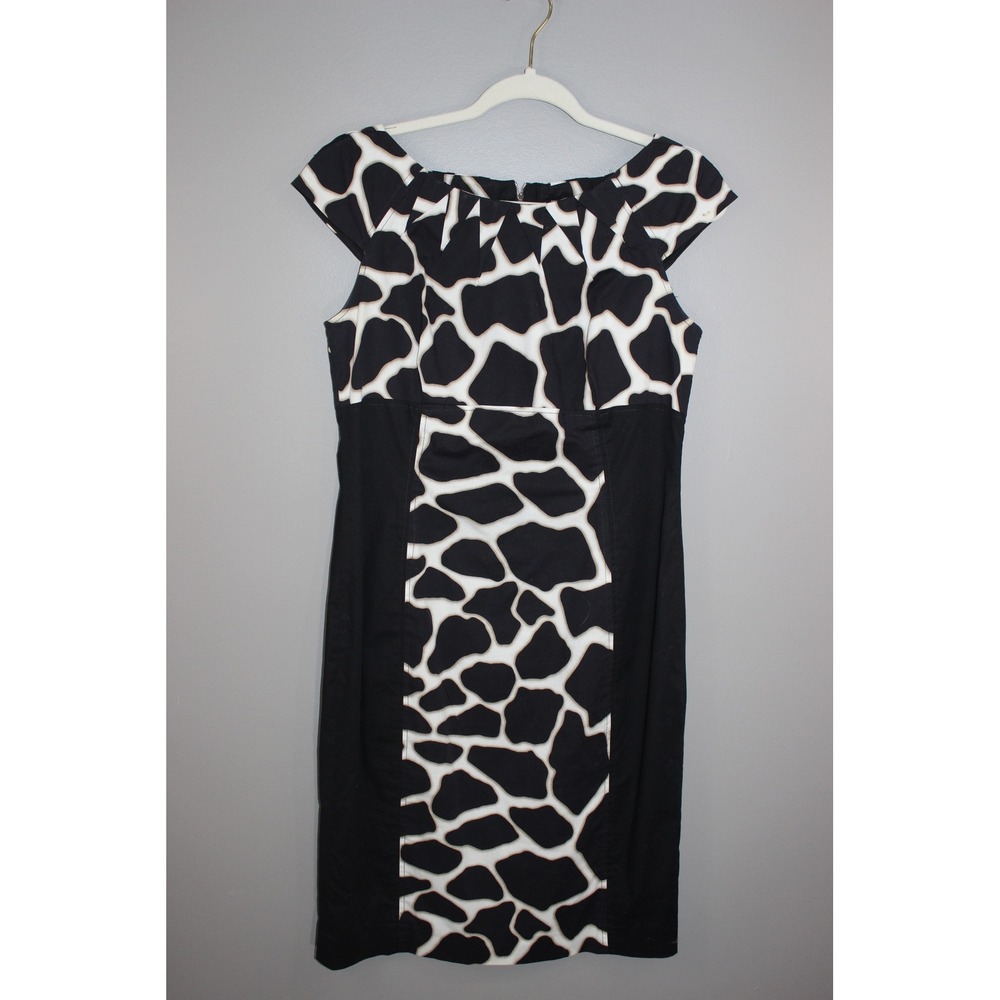 Karen Millen Dress Women 10 Black Giraffe Print Great Sheath Cap Sleeve Cotton